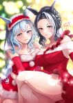  2girls absurdres alternate_eye_color animal_ears bare_shoulders black_hair blue_hair blurry blurry_background blush breasts cleavage closed_mouth commentary_request dress elbow_gloves fur-trimmed_dress fur_trim gloves hair_bun hair_ornament highres horse_ears horse_girl horse_tail large_breasts light_blue_hair long_hair looking_at_viewer mayupika mejiro_ardan_(umamusume) mejiro_ramonu_(umamusume) multicolored_hair multiple_girls off-shoulder_dress off_shoulder red_gloves santa_dress signature smile strapless strapless_dress streaked_hair tail umamusume white_hair yellow_eyes 