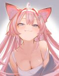  1girl :3 ahoge animal_ears breasts cleavage closed_mouth fang fox_ears fox_girl hair_intakes hakui_koyori highres hololive long_hair medium_breasts nekomata_(gzhx5547) off_shoulder pink_hair purple_eyes shirt simple_background smug tank_top upper_body virtual_youtuber white_shirt 