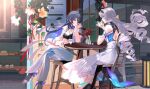  2girls absurdres alternate_costume bare_shoulders black_footwear blue_butterfly blue_hair breasts bronya_rand bug butterfly closed_mouth collaboration colored_inner_hair couple crossed_legs cup dating dress drill_hair drinking earrings elbows_on_table english_commentary english_text flower grey_hair hand_on_own_chin highres holding holding_cup honkai:_star_rail honkai_(series) jewelry long_hair looking_at_another mie_xing multicolored_hair multiple_girls outdoors pants red_flower seele_(honkai:_star_rail) sitting small_breasts smile table twitter_username valentine wind 