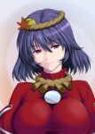  1girl blue_hair hair_ornament layered_sleeves leaf leaf_hair_ornament long_sleeves maple_leaf mirror purple_hair red_eyes rope shimenawa short_hair short_over_long_sleeves short_sleeves smile solo touhou vision_(artist) yasaka_kanako 