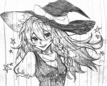  1girl bow braid breasts chinese_commentary commentary_request frilled_hat frills graphite_(medium) greyscale hair_between_eyes hat hat_bow highres kirisame_marisa long_hair monochrome open_mouth puffy_short_sleeves puffy_sleeves short_sleeves small_breasts smile solo touhou traditional_media vest xianyujunzhimiyingla 
