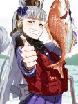  1girl animal animal_ears arm_up bass_(fish) blunt_bangs blush brown_headwear fish gold_ship_(umamusume) grey_hair grin hat highres holding holding_animal holding_fish horse_ears horse_girl horse_tail koppe_koppe long_hair long_sleeves looking_at_viewer looking_to_the_side outdoors outstretched_arm pink_eyes pouch purple_shirt purple_skirt reaching reaching_towards_viewer red_vest school_uniform shirt skirt smile solo standing tail thumbs_up tracen_school_uniform umamusume upper_body vest water 