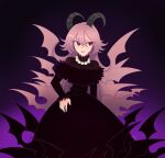  1girl black_dress demon_girl demon_horns demon_wings dress funamusea gallaxi hand_on_own_hip highres horns jewelry lil_(funamusea) long_hair looking_to_the_side necklace pearl_necklace pink_hair red_eyes smile solo very_long_hair wings 