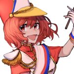  1girl :d band_uniform breasts chinese_commentary commentary_request drumsticks gloves hat holding holding_drumsticks horikawa_raiko horikawa_raiko_(prism_march_snare) medium_breasts multicolored_clothes multicolored_headwear open_mouth red_eyes red_hair red_shirt sash shako_cap shirt short_hair simple_background smile solo touhou touhou_lost_word vest white_background white_gloves white_sash white_vest xianyujunzhimiyingla 