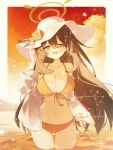  1girl bikini blue_archive blush breasts brown_hair cleavage cloud cloudy_sky commentary_request double-parted_bangs flower front-tie_bikini_top front-tie_top green_halo hair_between_eyes halo halterneck hat hat_flower highres jacket kasuga_haruhi large_breasts light_particles long_hair looking_at_viewer midriff navel nonomi_(blue_archive) nonomi_(swimsuit)_(blue_archive) ocean official_alternate_costume open_clothes open_jacket open_mouth orange_sky outdoors side-tie_bikini_bottom sky smile solo sun_hat swimsuit thighs twitter_username wading white_headwear white_jacket yellow_bikini yellow_eyes yellow_flower 