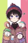  1boy beanie black_hair blue_eyes blush colored_eyelashes eric_cartman frown halloween_(owo) hand_puppet hat highres ike_broflovski jacket kenny_mccormick kyle_broflovski long_sleeves looking_up male_focus pom_pom_(clothes) pom_pom_beanie puppet short_hair south_park spoken_squiggle squiggle stan_marsh sweat upper_body wendy_testaburger 