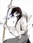  1boy black_hair closed_mouth drawing_sword from_side glaring grey_hakama hakama halorane holding holding_sheath holding_sword holding_weapon ishikawa_goemon_xiii japanese_clothes looking_at_viewer lupin_iii male_focus sheath short_hair simple_background solo sword weapon white_background wide_sleeves 