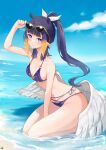  1girl absurdres adjusting_eyewear alternate_costume arm_between_legs arm_up beach bikini blue_bikini blue_eyes blue_hair blue_sky blunt_bangs blush breasts closed_mouth cloud day english_commentary feathered_wings halterneck highres hololive hololive_english long_hair looking_at_viewer low_wings lucferz medium_breasts ninomae_ina&#039;nis o-ring o-ring_top ocean partially_submerged pointy_ears ponytail print_bikini sky solo string_bikini sunglasses swimsuit tentacle_hair thighs virtual_youtuber white_wings wings 