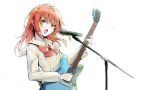  1girl bocchi_the_rock! bow bowtie brown_jacket flat_chest green_eyes guitar holding holding_guitar holding_instrument instrument jacket kita_ikuyo long_hair long_sleeves looking_at_viewer meijin_kusano microphone microphone_stand open_mouth red_eyes sailor_collar sidelocks solo standing sweat upper_body white_background 
