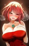  1girl artist_name blush bow breasts chest_jewel cleavage collarbone core_crystal_(xenoblade) dress english_text gem glowing hair_bow hand_on_own_chest head_tilt headpiece heart heavy_breathing highres kanuici336 large_breasts looking_at_viewer open_mouth pyra_(xenoblade) red_bow red_dress red_eyes red_hair short_hair solo swept_bangs tiara upper_body valentine xenoblade_chronicles_(series) xenoblade_chronicles_2 