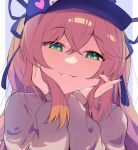  1girl absurdres blonde_hair blue_headwear blush cheek_squash closed_mouth commentary dokibird_(vtuber) fang green_eyes hair_between_eyes half-closed_eyes hat heart highres indie_virtual_youtuber long_hair long_sleeves portrait skin_fang smile solo twintails vinsycal virtual_youtuber 