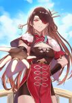  1girl beidou_(genshin_impact) black_gloves blue_sky breasts brown_hair cleavage cloud commentary_request cowboy_shot day dress fingerless_gloves genshin_impact gloves grin haluuu_a highres long_hair looking_at_viewer pelvic_curtain red_dress red_eyes sky smile solo standing very_long_hair 