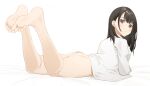  1girl bare_legs barefoot black_eyes black_hair bottomless feet feet_up foot_focus foreshortening highres jewelry leg_up long_hair looking_at_viewer looking_back lying naked_shirt on_stomach original shirt simple_background soles solo the_pose toes white_background white_shirt yuu_(yuu_ammy) 