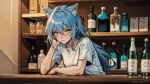  1girl absurdres ai-assisted aina_(iodoff) alcohol animal_ear_fluff animal_ears arm_support artist_name bar_(place) blue_hair blurry blurry_background blush bottle breasts cat_ears cat_girl closed_mouth counter elbow_rest extra_ears hair_behind_ear hair_between_eyes hand_on_own_face head_rest highres indoors iodoff light_blue_hair long_hair looking_at_viewer making-of_available original paid_reward_available patreon_logo patreon_username shelf shirt short_sleeves sidelocks sitting small_breasts solo t-shirt table upper_body watermark white_shirt yellow_eyes 