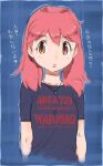  1girl black_shirt blue_background hinata_natsumi jewelry keroro_gunsou long_hair looking_at_viewer necklace open_mouth orange_eyes pink_hair shirt simple_background skull skull_necklace solo t-shirt translation_request twintails upper_body yoshizaki_mine 