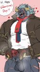 &lt;3 9:16 anthro balls blush bodily_fluids bottomless candy chocolate clothed clothing dessert erection food fur genital_fluids genitals grey_body grey_fur hi_res holidays horn jacket krampus_(housamo) lifewonders male monster muscular muscular_anthro pecs penis precum scar scarf solo tokyo_afterschool_summoners topwear uken_l valentine&#039;s_day