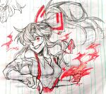  1girl absurdres bow breasts chinese_commentary commentary_request fire fujiwara_no_mokou graphite_(medium) grin hair_bow highres long_hair marker_(medium) medium_breasts ponytail pyrokinesis red_hair sleeves_rolled_up smile solo touhou traditional_media xianyujunzhimiyingla 