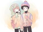  2boys backpack bag beanie black_hair blue_eyes blush closed_eyes fang fur_hat halloween_(owo) hat high_collar holding holding_hands holding_phone jacket kyle_broflovski long_sleeves male_focus mittens multiple_boys open_mouth orange_hair phone pom_pom_(clothes) pom_pom_beanie smile south_park stan_marsh ushanka yaoi 