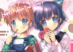  2girls blue_eyes blush bow brown_hair candy chocolate food hair_bow happy_valentine heart heart-shaped_chocolate highres hinoue_itaru holding kouzuki_mio mouth_hold multiple_girls one_-_kagayaku_kisetsu_e pocky purple_hair ribbon shiina_mayu_(one) short_hair smile valentine 