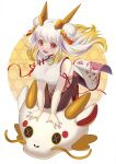  1girl :3 blonde_hair bow breasts china_dress chinese_clothes chinese_zodiac double_bun dress gradient_hair hair_bow hair_bun highres horns kneeling large_breasts long_hair multicolored_hair open_mouth orange_eyes original pantyhose ryofuhiko sleeveless sleeveless_dress smile solo stuffed_animal stuffed_dragon stuffed_toy thick_eyebrows two_side_up very_long_hair white_hair year_of_the_dragon 