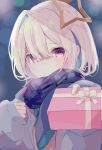  1girl amane_kanata artist_name blue_background blue_hair blue_scarf blurry blush bob_cut bokeh box box_of_chocolates chocolate closed_mouth coat commentary curled_fingers depth_of_field enpera food gift gift_box grey_coat hair_over_one_eye halo highres holding holding_chocolate holding_food holding_gift hololive incoming_gift long_sleeves looking_at_viewer multicolored_hair nervous notice_lines plaid plaid_scarf purple_eyes raised_eyebrow replicayunikorn scarf short_hair shy signature single_hair_intake solo star_halo streaked_hair translated two-tone_hair upper_body valentine virtual_youtuber wavy_mouth white_hair 