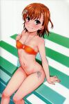  1girl absurdres arm_support bikini breasts brown_eyes brown_hair closed_mouth collarbone hair_ornament halterneck hand_up highres isshi_pyuma looking_at_viewer medium_hair misaka_mikoto navel o-ring o-ring_bikini scan side-tie_bikini_bottom small_breasts smile solo stomach swimsuit thighs toaru_kagaku_no_railgun toaru_majutsu_no_index 