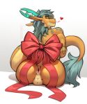 &lt;3 absurd_res anthro anus balls bow_(feature) butt dragon genitals gift_wrapped hi_res looking_at_viewer looking_back looking_back_at_viewer male nude oraderg orange_body orange_scales perineum presenting presenting_anus presenting_balls presenting_hindquarters scales scalie simple_background smile solo tail tail_tuft tuft white_background