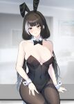  1girl absurdres alternate_costume animal_ears black_bow black_hair black_pantyhose blurry blurry_background blush bow bowtie breasts cleavage collar covered_navel entogman fake_animal_ears girls&#039;_frontline hand_on_own_thigh heterochromia highres jewelry leotard long_hair looking_at_viewer multicolored_hair orange_eyes pantyhose playboy_bunny rabbit_ears ring ro635_(girls&#039;_frontline) sitting smile streaked_hair wedding_ring white_hair wrist_cuffs yellow_eyes 