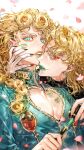  2boys arm_around_neck black_nails black_shirt blue_eyes cleavage_cutout clothing_cutout cosmetics curly_hair dio_brando falling_petals father_and_son giorno_giovanna green_lips green_lipstick_tube green_shirt hand_on_another&#039;s_face highres holding holding_lipstick_tube jojo_no_kimyou_na_bouken lipstick_mark lipstick_mark_on_chest lipstick_mark_on_face lipstick_tube long_hair multiple_boys oarfish_(artist) petals red_eyes shirt white_background 