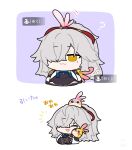  1boy :d ? animal_on_head animal_on_shoulder bird bird_on_head bird_on_shoulder character_request chibi chinese_clothes closed_eyes closed_mouth gameplay_mechanics hair_over_one_eye hairband happy high_ponytail highres honkai:_star_rail honkai_(series) jing_yuan mole mole_under_eye omochi_binta on_head red_hairband simple_background smile translation_request upper_body white_hair yellow_eyes 