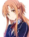  1girl asuna_(sao) blazer braid brown_eyes brown_hair collared_shirt commentary_request emu_(trigger) french_braid highres jacket long_hair looking_at_viewer neck_ribbon red_ribbon ribbon school_uniform shirt sidelocks simple_background smile solo sword_art_online upper_body white_background 
