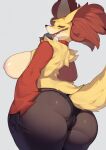 2024 anthro areola big_breasts big_butt bodily_fluids breasts butt camel_toe clothing delphox faeki female fur generation_6_pokemon hi_res looking_at_viewer looking_back looking_back_at_viewer multicolored_body multicolored_fur nintendo nipples panties pokemon pokemon_(species) red_body red_fur simple_background stick_in_mouth sweat sweaty_butt underwear white_background yellow_body yellow_fur