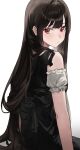 1girl absurdres bare_shoulders black_dress black_hair blush copyright_request detached_sleeves dress frilled_sleeves frills from_behind highres long_hair looking_at_viewer looking_back ori_(0rizuru) red_eyes simple_background solo very_long_hair white_background 