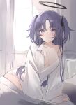  1girl bed blue_archive blue_eyes blush breasts cleavage curtains halo highres large_breasts long_hair long_sleeves looking_at_viewer mechanical_halo purple_eyes purple_hair shirt solo white_shirt yuuka_(blue_archive) yuuki02 