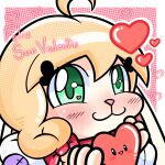 &lt;3 1:1 absurd_res anthro blonde_hair blushing_at_viewer braided_hair chibi collar eyelashes female green_eyes hair happy heart_(marking) hi_res holidays juanoh_uwu lagomorph leporid long_ears mammal mellea_(melleacomic) pink_nose rabbit smile solo text valentine&#039;s_day