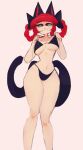  1girl animal_ears bikini black_bikini black_bow bow breasts cat_ears cat_tail highres kaenbyou_rin looking_at_viewer navel nekomata red_eyes red_hair short_hair smirk sunnyboi swimsuit tail touhou watermark 