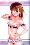  1girl absurdres arm_behind_head arm_up bare_shoulders bikini blush breasts brown_eyes brown_hair collarbone frills hair_ornament hand_on_own_hip hand_up highres isshi_pyuma layered_bikini looking_at_viewer medium_hair misaka_mikoto navel open_mouth scan small_breasts solo stomach swimsuit toaru_kagaku_no_railgun toaru_majutsu_no_index 