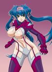  blue_hair breasts green_eyes headband klan_klein large_breasts macross macross_frontier misnon_the_great nipples pointy_ears solo twintails 