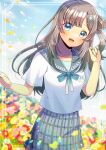  1girl :d blue_bow blue_eyes blue_nails blue_sky blurry blurry_background blush bow breasts brown_hair cloud commentary_request commission copyright_request day depth_of_field flower grey_sailor_collar grey_skirt hair_ornament hairclip hand_up kou_hiyoyo long_hair looking_at_viewer mole mole_under_eye nail_polish one_side_up orange_flower outdoors petals pink_flower pleated_skirt red_flower sailor_collar school_uniform serafuku shirt short_sleeves skeb_commission skirt sky small_breasts smile solo virtual_youtuber white_flower white_shirt yellow_flower 