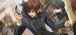  &gt;_&lt; 1girl 2boys animal animal_on_shoulder arthur_(code_geass) artist_request belt biting black_jacket book bookshelf brown_hair buttons cat cat_teaser cat_tower code_geass code_geass:_lost_stories day double-breasted dutch_angle game_cg green_eyes hand_up head_biting highres indoors jacket kururugi_suzaku layered_sleeves lelouch_vi_britannia long_sleeves male_focus multiple_boys non-web_source official_art one_eye_closed open_mouth school_uniform shirley_fenette short_hair sidelocks solo_focus sparkle sweat teeth upper_body wince 