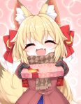  1girl ^_^ absurdres animal_ear_fluff animal_ears bell black_gloves blonde_hair box box_of_chocolates brown_scarf closed_eyes coat commentary_request facing_viewer fang fox_ears fox_girl fox_tail gloves hair_bell hair_between_eyes hair_ornament hair_ribbon highres jingle_bell kinomiki_nobori long_hair open_mouth original plaid plaid_scarf red_coat red_ribbon ribbon scarf skin_fang solo tail 