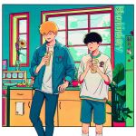  2boys absurdres black_hair blonde_hair blue_shorts closed_eyes cm_wm commentary_request cup drink drinking_straw ekubo_(mob_psycho_100) english_text flower highres holding holding_cup indoors kageyama_shigeo long_sleeves looking_at_another male_focus mob_psycho_100 multiple_boys open_mouth pants plant potted_plant reigen_arataka shirt short_hair shorts smile spirit standing white_shirt window 