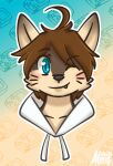 2020 ahoge alex-p anthro blue_eyes blush brown_body brown_fur brown_hair canid canine canis clothing cute_fangs fur gradient_background hair headshot_portrait male mammal morenatsu one_eye_closed pattern_background portrait shun_(morenatsu) simple_background solo tan_body tan_fur whiskers white_clothing wink wolf young_male