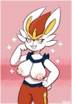 2024 anthro areola artist_name bedroom_eyes big_breasts biped bottomwear breasts cinderace clothed clothing eyelashes female fur generation_8_pokemon grin half-closed_eyes hand_on_hip hand_on_own_hip hand_to_face head_tuft heshieokf hi_res lagomorph leporid long_ears looking_at_viewer mammal narrowed_eyes nintendo nipples pants pink_background pink_nipples pinup pokemon pokemon_(species) pose pupils rabbit red_bottomwear red_clothing red_eyes red_pants seductive short_tail simple_background smile smug solo sparkles standing tail teeth topless tuft white_body white_fur white_pupils