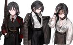  1girl absurdres black_hair collared_shirt expressionless girls&#039;_frontline gun highres holding holding_gun holding_weapon long_hair looking_at_viewer military_uniform mondragon_m1908_(girls&#039;_frontline) mondragon_m1908_(repairer_of_destinies)_(girls&#039;_frontline) mondragon_m1908_(twilight_after_rain)_(girls&#039;_frontline) mondragon_rifle multiple_views necktie official_alternate_costume rampart1028 red_eyes red_necktie shirt uniform weapon wet wet_clothes wet_hair white_background white_shirt 