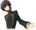 1boy artist_request black_hair black_jacket buttons code_geass code_geass:_lost_stories cropped_torso double-breasted dutch_angle game_cg gold_trim hair_between_eyes happy jacket layered_sleeves lelouch_vi_britannia long_sleeves looking_at_viewer male_focus non-web_source official_art parted_lips purple_eyes reaching reaching_towards_viewer school_uniform short_hair sidelocks simple_background smile solo standing teeth transparent_background upper_body 
