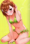  1girl absurdres arm_support bare_shoulders bikini blush breasts brown_eyes brown_hair closed_mouth collarbone hair_ornament highres isshi_pyuma looking_at_viewer medium_hair misaka_mikoto navel scan sitting small_breasts smile solo stomach swimsuit thighs toaru_kagaku_no_railgun toaru_majutsu_no_index yellow_background 