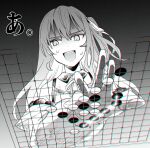  a_(phrase) board_game collared_shirt commentary greyscale hair_between_eyes hair_ribbon highres hololive hoshimachi_suisei hoshimachi_suisei_(streetwear) jacket long_hair monochrome neck_ribbon nervous_sweating off_shoulder official_alternate_costume open_clothes open_jacket open_mouth playing_games reaching ribbon shirt since2019 sleeveless sleeveless_shirt sweat sweatdrop teeth upper_teeth_only 