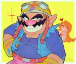  1boy 1girl blue_shirt clenched_teeth facial_hair gloves goggles goggles_on_head heart helmet highres long_hair looking_at_viewer m516 mona_(warioware) muscular mustache orange_hair pants pink_pants pointy_ears shirt simple_background teeth wario warioware yellow_background yellow_gloves 