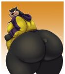 anthro bear big_butt black_body black_fur blush blush_lines bottomless butt clothed clothing eyebrow_piercing facial_piercing fur hadou_(satsui-n0-had0u) hi_res hoodie hoodie_only looking_at_viewer looking_back male mammal noryega overweight overweight_male piercing solo sun_bear topwear topwear_only ursine